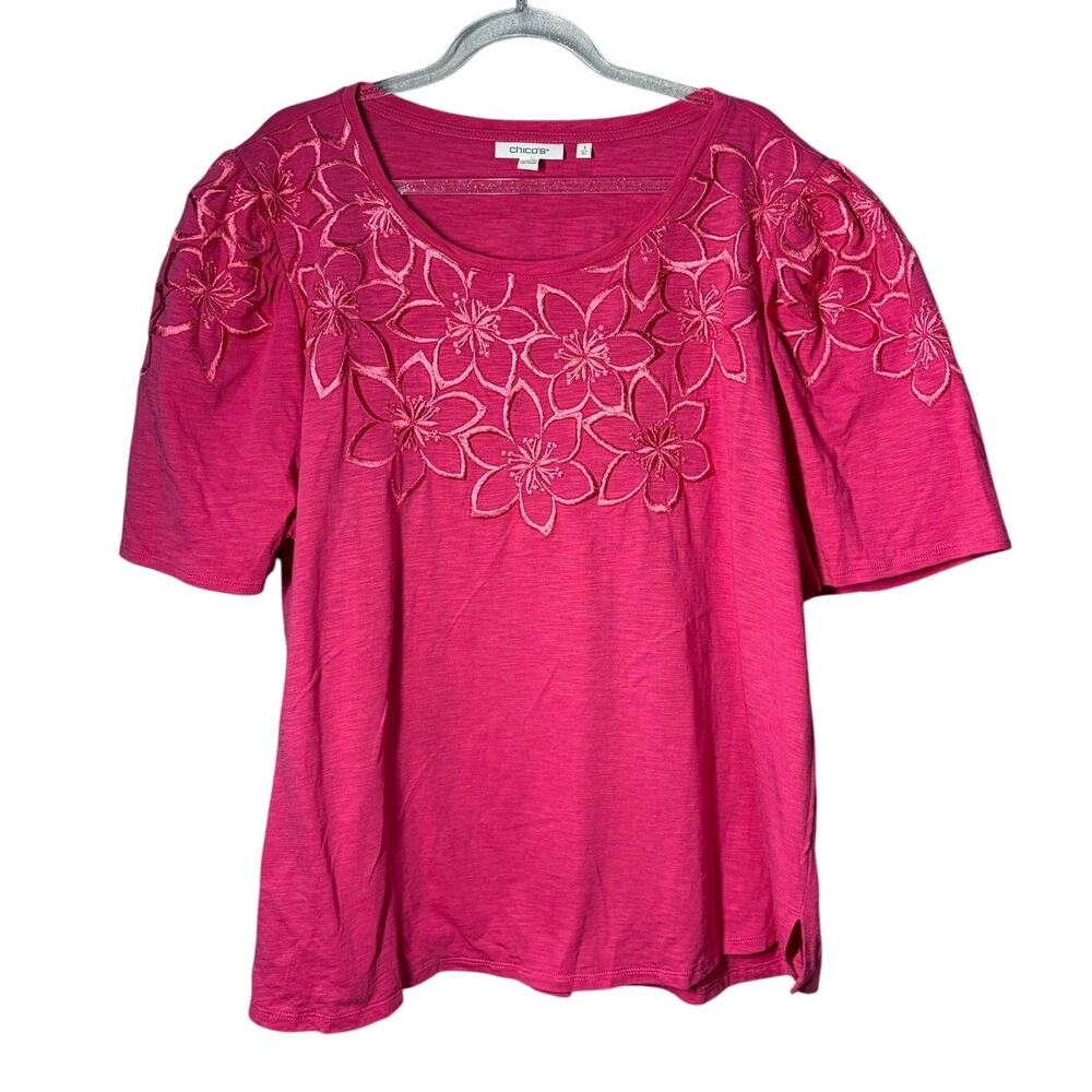 Chico's Women's Pink Flower Embroidery Blouse Sz 3/XL